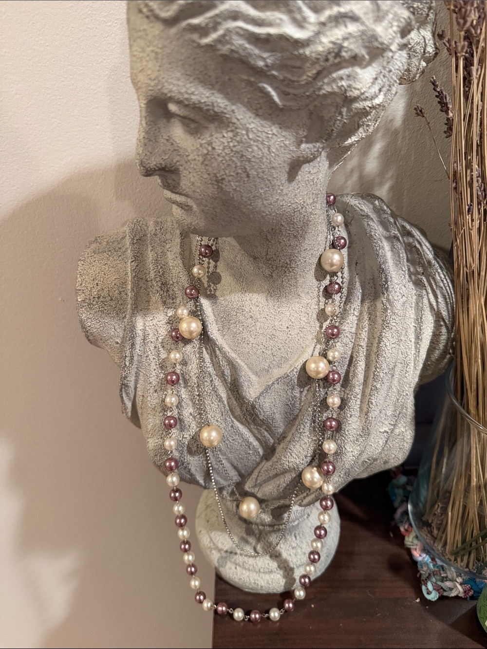 Layered Pearl Necklace in Cream and Mauve - Women Jewelry